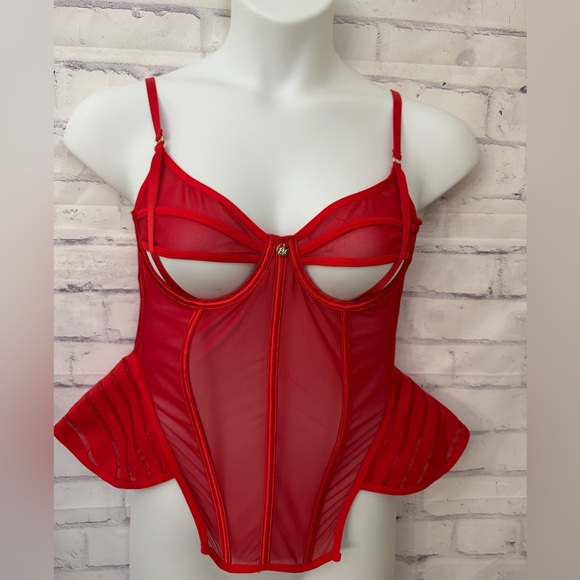 PrettyLittleThing XL Plus Red Mesh Cut Out Detail Corset‎ Lingerie Sexy New - Picture 1 of 10